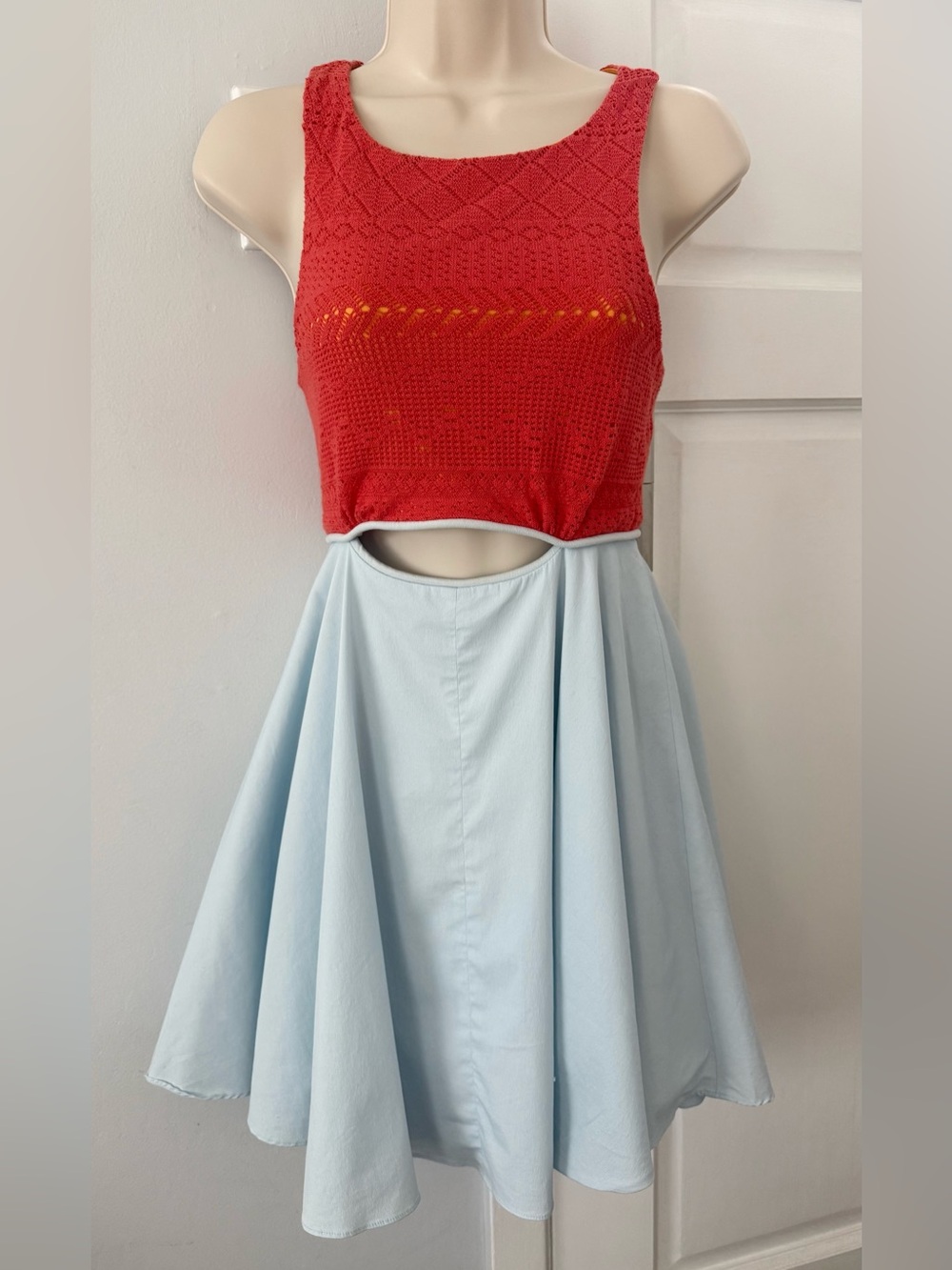 Express Red Knit Bodice with Light Blue Skirt Cutout Dress